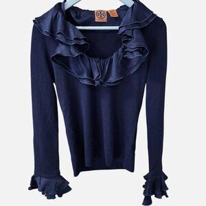 Tory Burch Navy Blue Wool Silk Trim Ruffle Sweater Women's size S